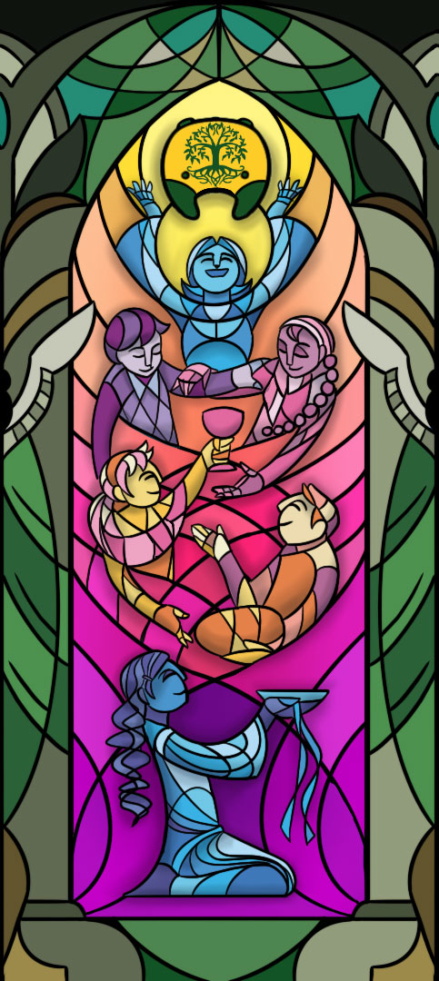 Stained glass panel of makers at work in the hall