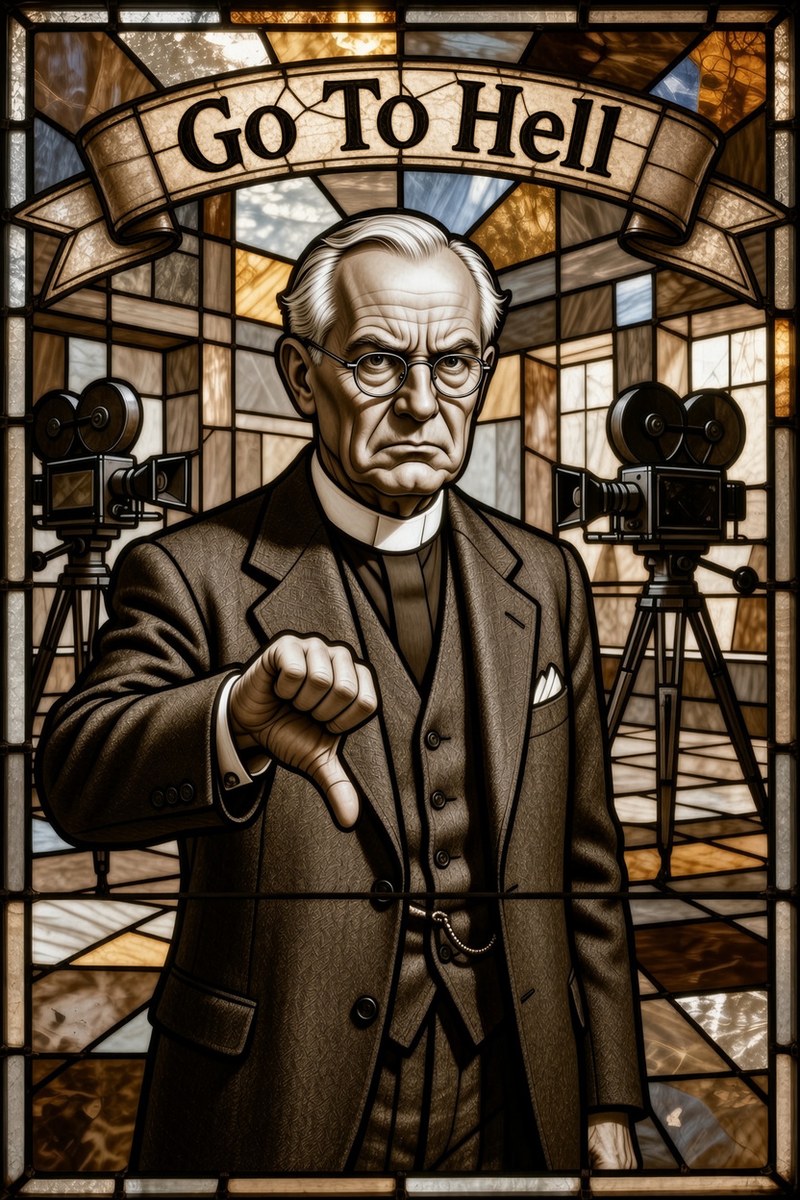 Stained glass of a clergyman giving a thumbs-down under the banner Go To Hell