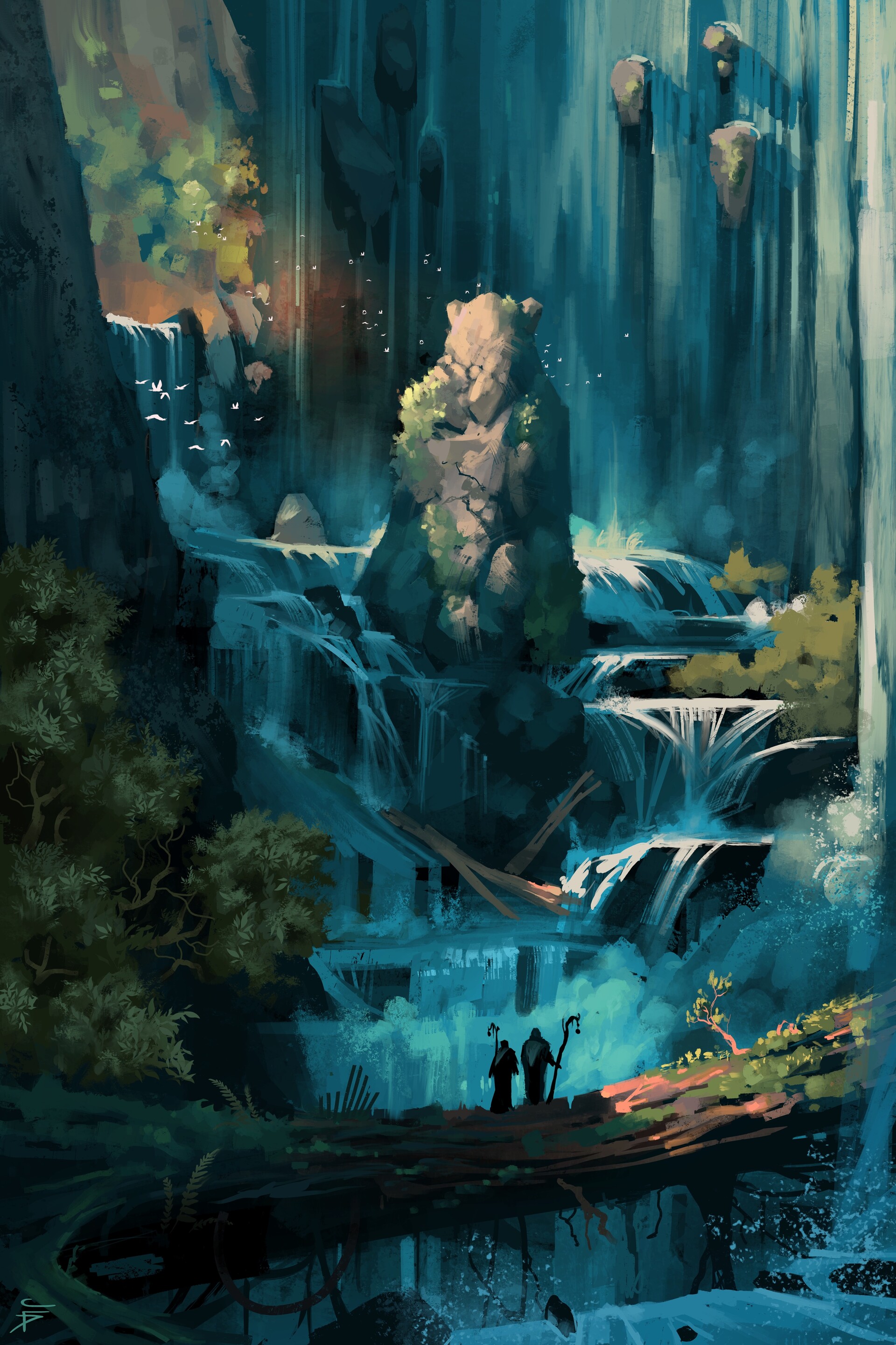 Two figures before a stone bear and waterfall in a blue gorge