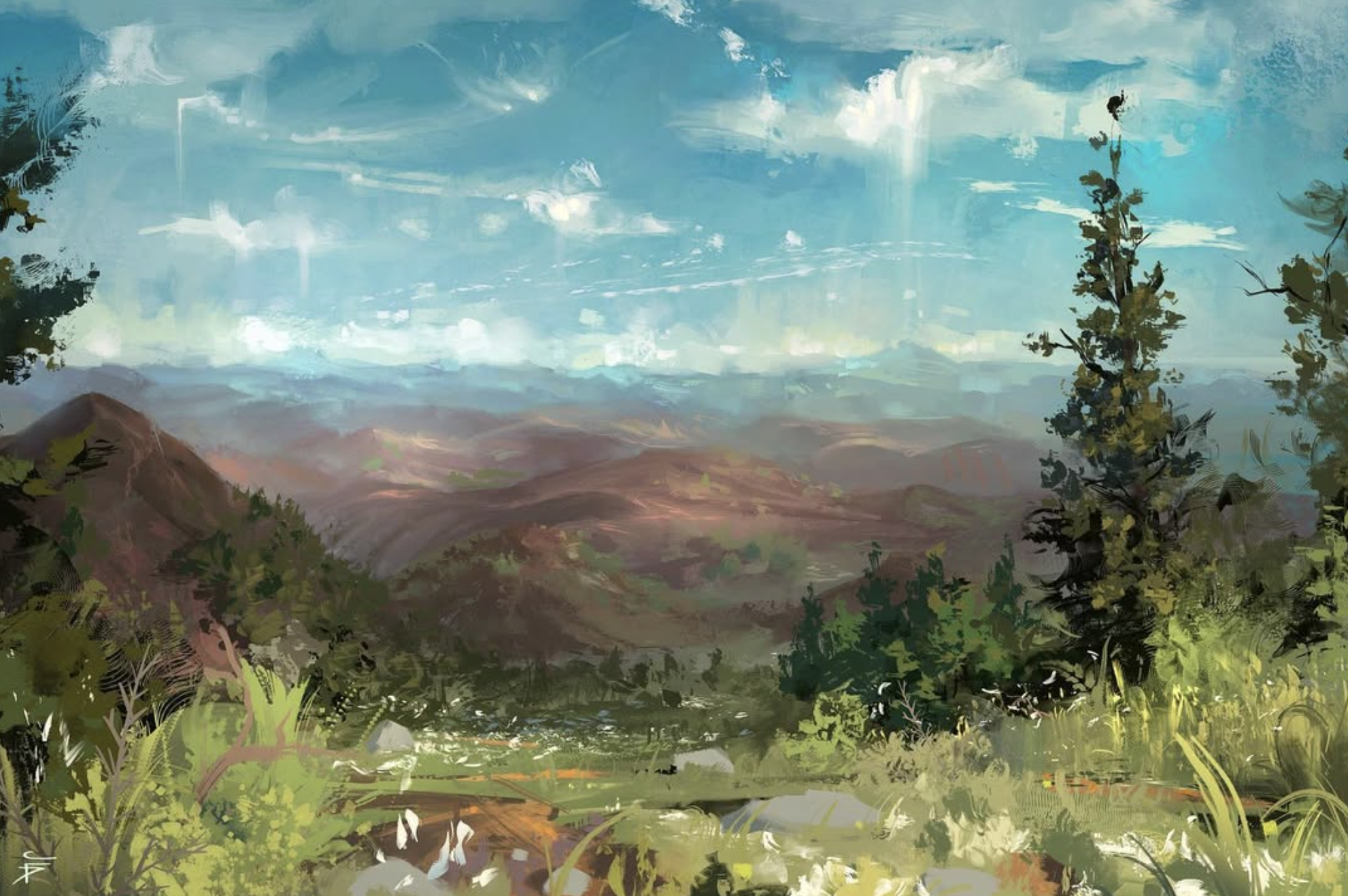A mountain vista seen from a grassy ridge