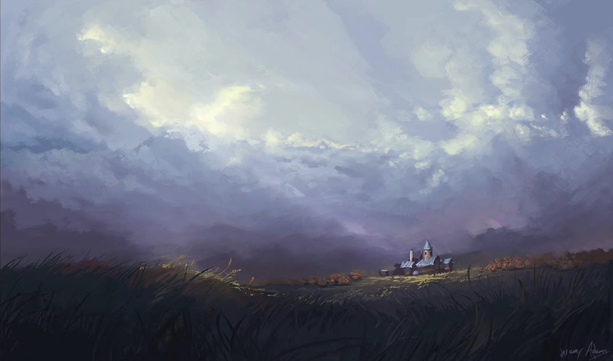 A lone house under a wide sky